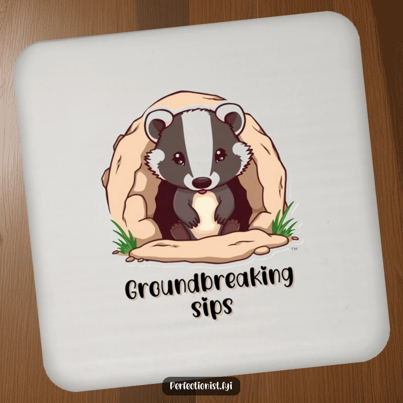 Funny badger character meticulously ensuring its burrow entrance is flawless on drink coasters, adding humorous, diligent protection to surfaces, a funny gift.