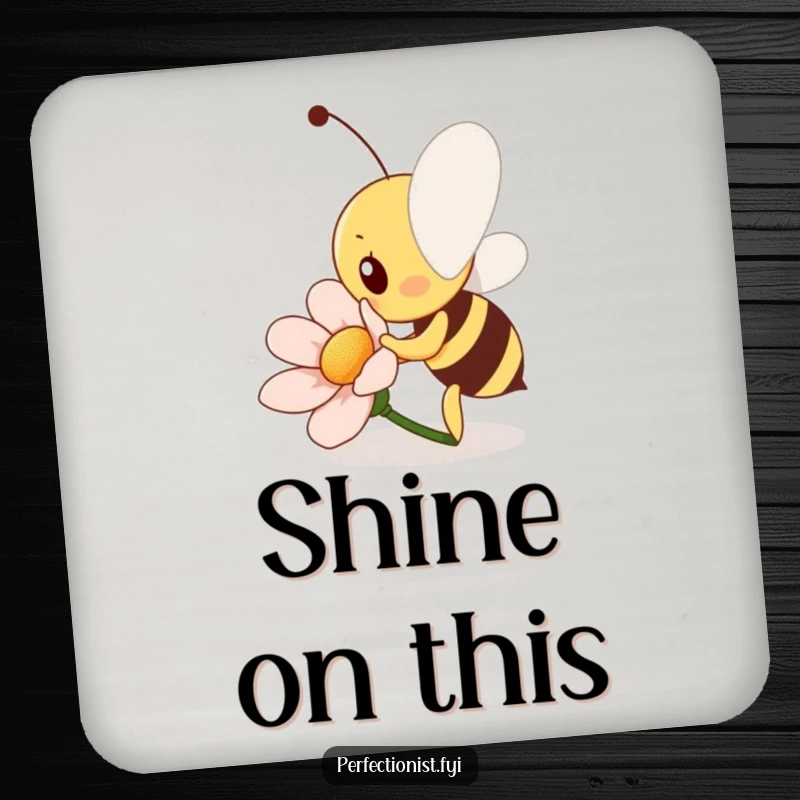 Funny Bee Coaster: A diligent bee character is polishing a flower petal to a shine, a humorous guardian of drinks and tabletops.