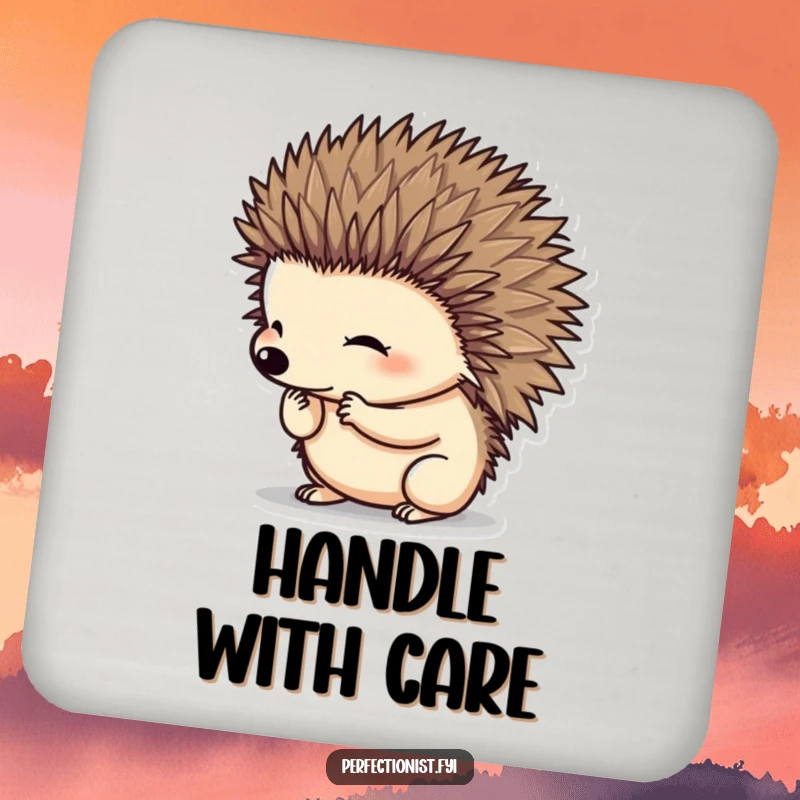 Funny hedgehog character meticulously grooming its spines on drink coasters, adding humorous, neat protection to surfaces, a funny gift.
