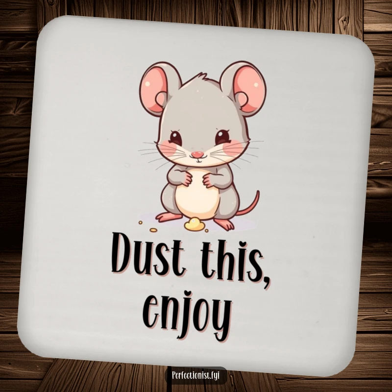 Funny Kawaii mouse character on a drink coaster, humorously dusting a tiny speck of dirt, protecting surfaces with meticulous care.