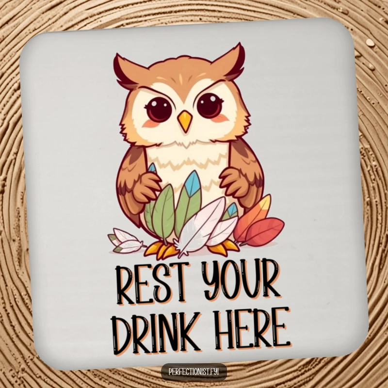 Funny owl character meticulously sorting feathers by size on drink coasters, adding humorous, organized protection to surfaces, great funny gift.
