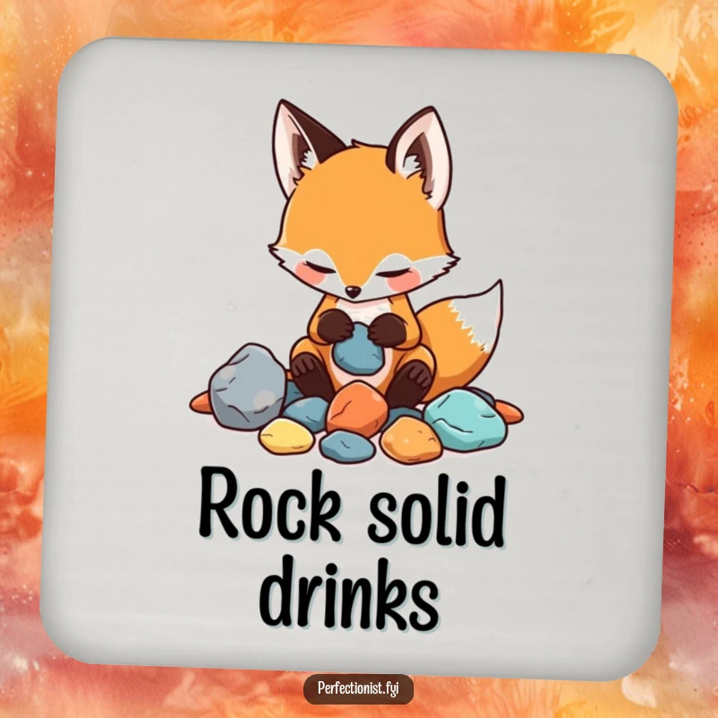 Funny drink coaster featuring a playful fox sorting rocks by color and texture, a humorous and practical addition to any setting.