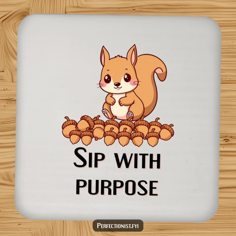Funny drink coaster featuring a precise squirrel character, lining up acorns in a perfect row, protecting surfaces with humor.