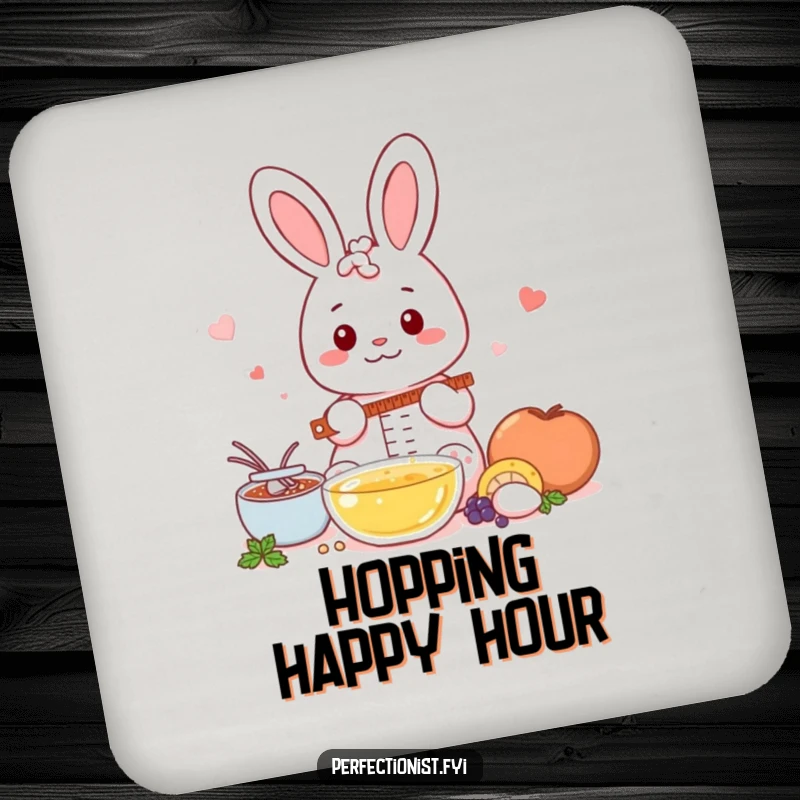 Funny Kawaii rabbit drink coasters, featuring a rabbit meticulously measuring ingredients, adding a touch of baking charm.