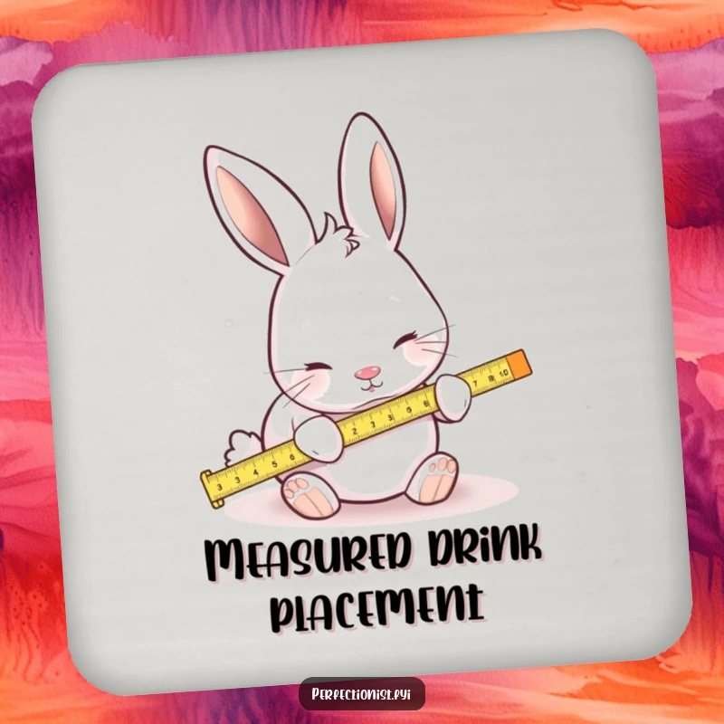 Funny drink coaster featuring a focused rabbit using a tiny ruler to measure, a humorous and practical addition to any setting.