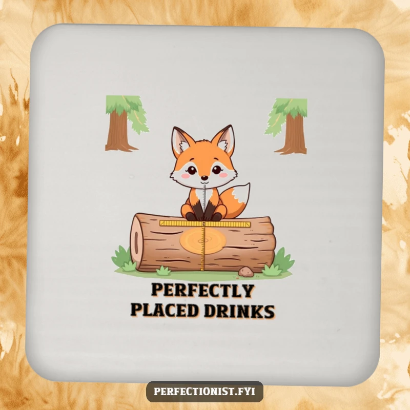 Funny coasters featuring a fox precisely measuring the exact center of a fallen log, offering humorous surface protection with a focus on accuracy.