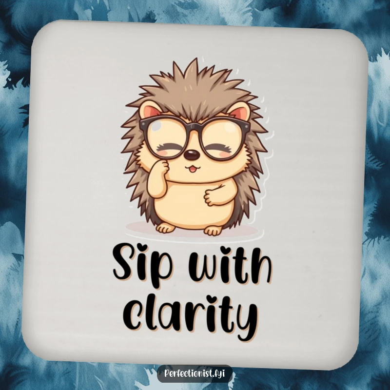 Funny drink coaster featuring a diligent hedgehog character, meticulously cleaning its spectacles, protecting surfaces with humor.