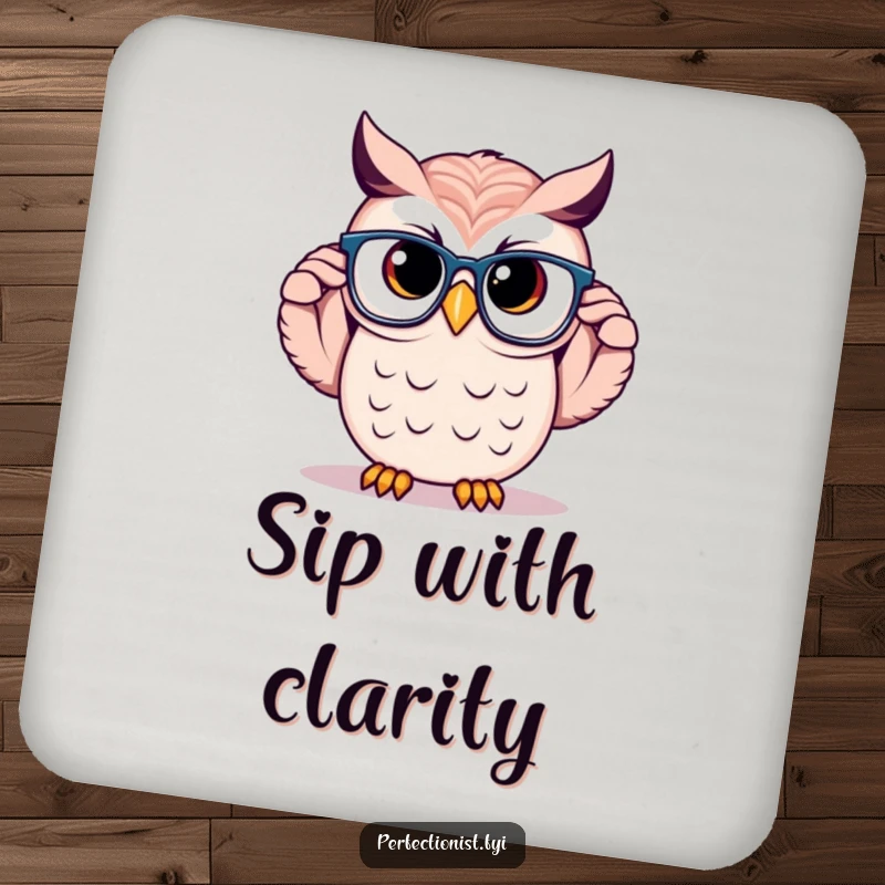 Funny Owl Coaster: A proud owl character is adjusting perfectly symmetrical glasses, a humorous guardian of drinks and tabletops.