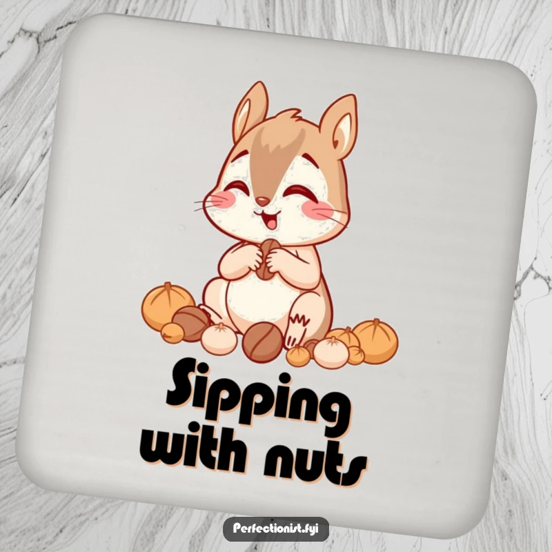 Funny giggling squirrel sorting nuts by size with great focus on a drink coaster, ideal for tables and decor.