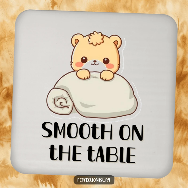 Funny Drink Coaster showing an animal character smoothing a perfectly folded item, symbolizing meticulous care.