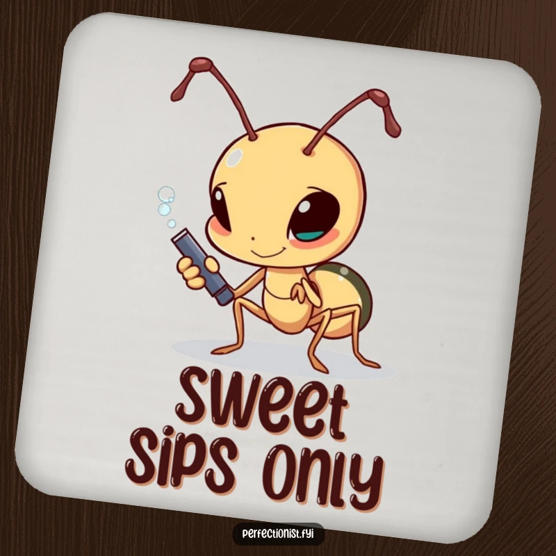 Funny determined ant polishing a single grain of sugar on a drink coaster, ideal for tables and decor.