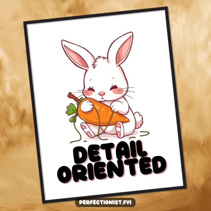 Funny poster illustrating a rabbit meticulously grooming a carrot, great for fans of precision and quirky art.