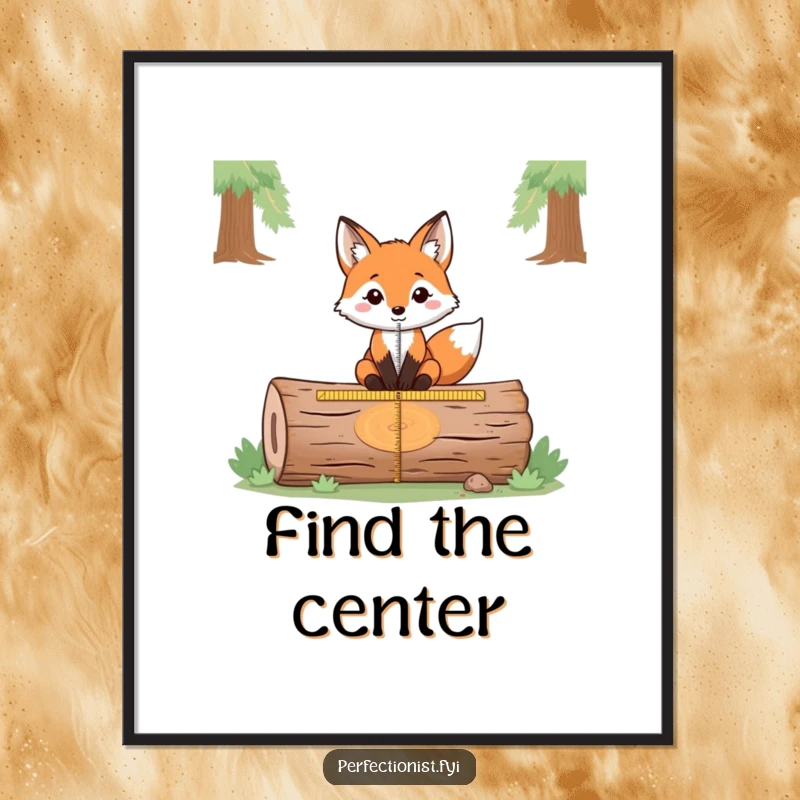 Funny poster artwork of a fox meticulously measuring the exact center of a fallen log, highlighting its comical precision and analytical prowess.