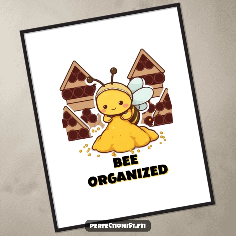Funny Kawaii bee poster, a detailed illustration of an industrious bee organizing pollen into neat, tidy stacks.