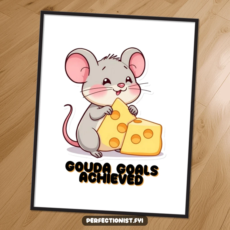 Funny poster of a content mouse character admiring a perfectly formed cheese triangle, capturing the essence of pure cheesy bliss.