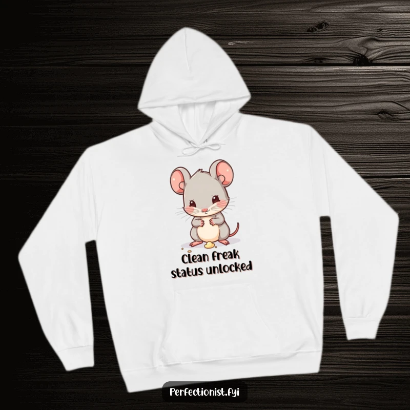 Funny Kawaii mouse character on a hoodie, dusting a tiny speck of dirt, radiating a humorous obsession with cleanliness while staying warm.