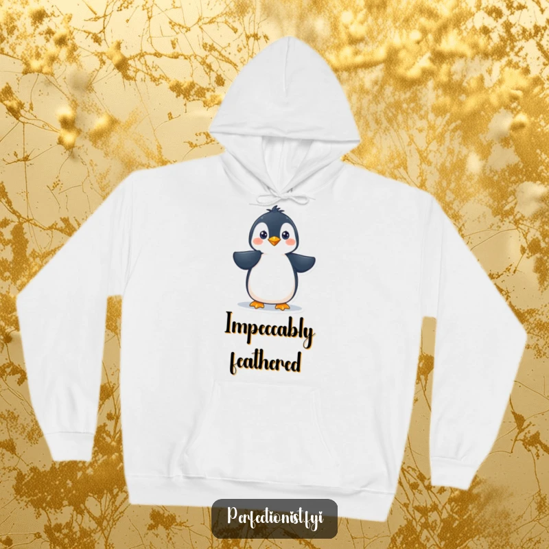 Funny penguin character meticulously smoothing its feathers on a hoodie, perfect for cozy, humorous, and polished individuals as a funny gift.