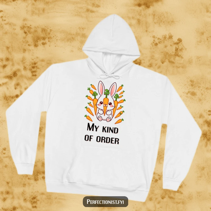Funny Hoodie: Meticulous rabbit character aligning perfectly spaced carrots, bringing cozy humor and a sense of order.