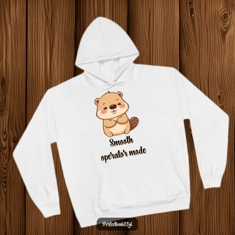 Funny beaver hoodie depicting a meticulous beaver character smoothing a wrinkle on paper, perfect for cozying up with a touch of humor.