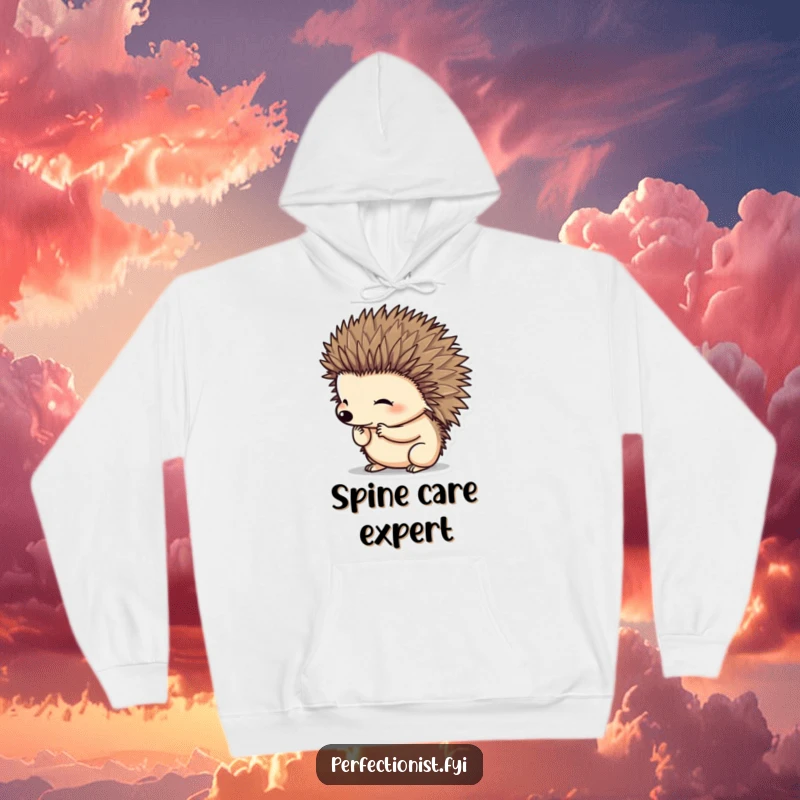 Funny hedgehog character meticulously grooming its spines on a hoodie, perfect for cozy, humorous, and neat individuals as a funny gift.