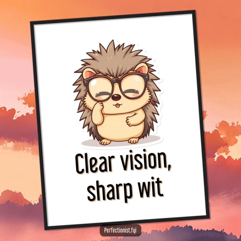 Funny Free Printable Wall Art depicting a diligent hedgehog meticulously cleaning its spectacles with great focus.