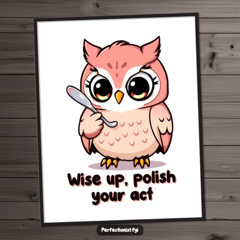 Funny Free Printable Wall Art depicting a focused owl meticulously polishing a single, gleaming spoon.