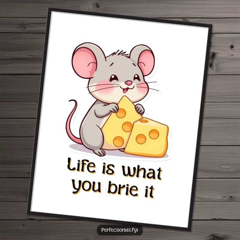 Funny Free Printable Wall Art: A content mouse gazes lovingly at a perfectly formed cheese triangle, a cheesy delight.
