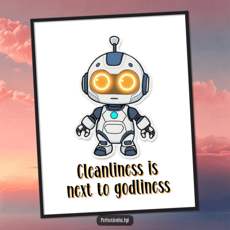 Funny Free Printable Wall Art: Cute Kawaii Robot with bright glowing eyes, meticulously cleaning a surface to a spotless shine.