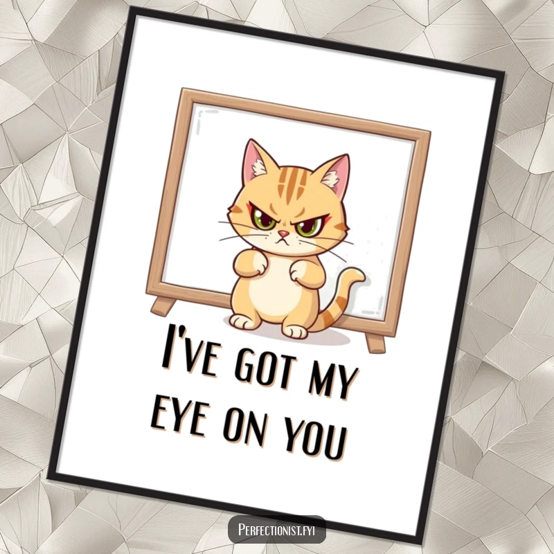 Funny Free Printable Wall Art depicting a cat sternly looking after straightening a crooked painting, a humorous take on order and control.
