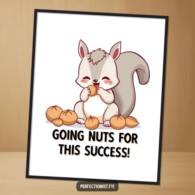 Funny free printable wall art: a cheerful squirrel intently polishing each individual nut to a super high shine, adding joy.