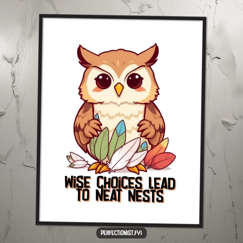 Funny Free Printable Owl Wall Art: An organized owl intensely sorts feathers by size, looking studious and humorous.