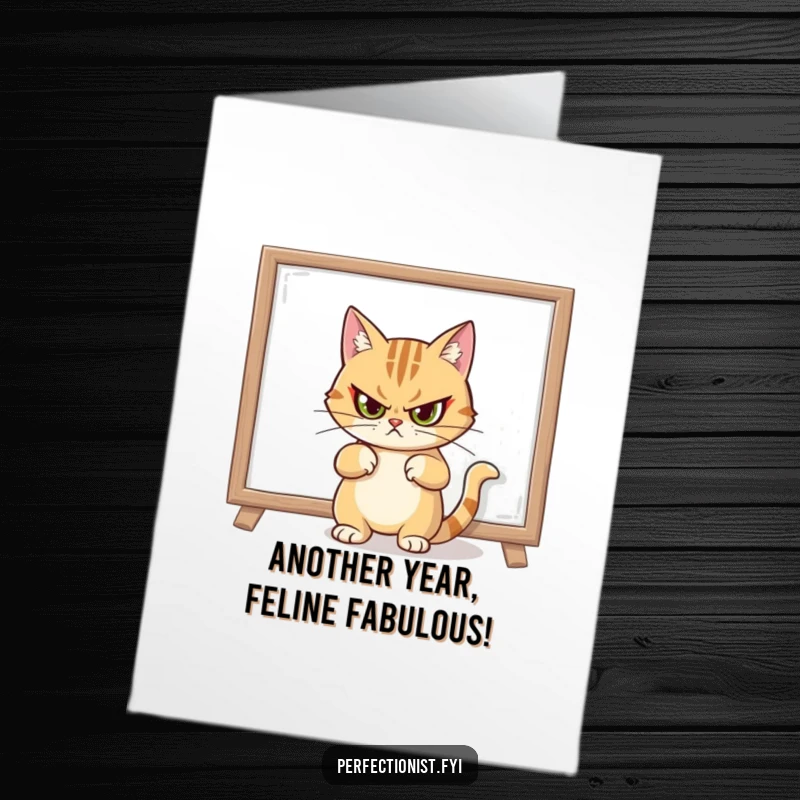 Funny Free Printable Birthday Card with a stern cat straightening a crooked painting, capturing a moment of feline judgment and order.