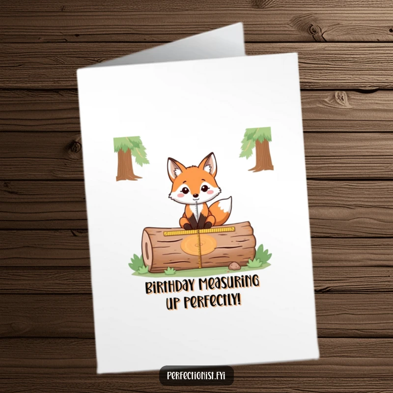 Funny Free Printable Birthday Card: Precise fox carefully measuring the exact center of a fallen log, wishing happy birthday.