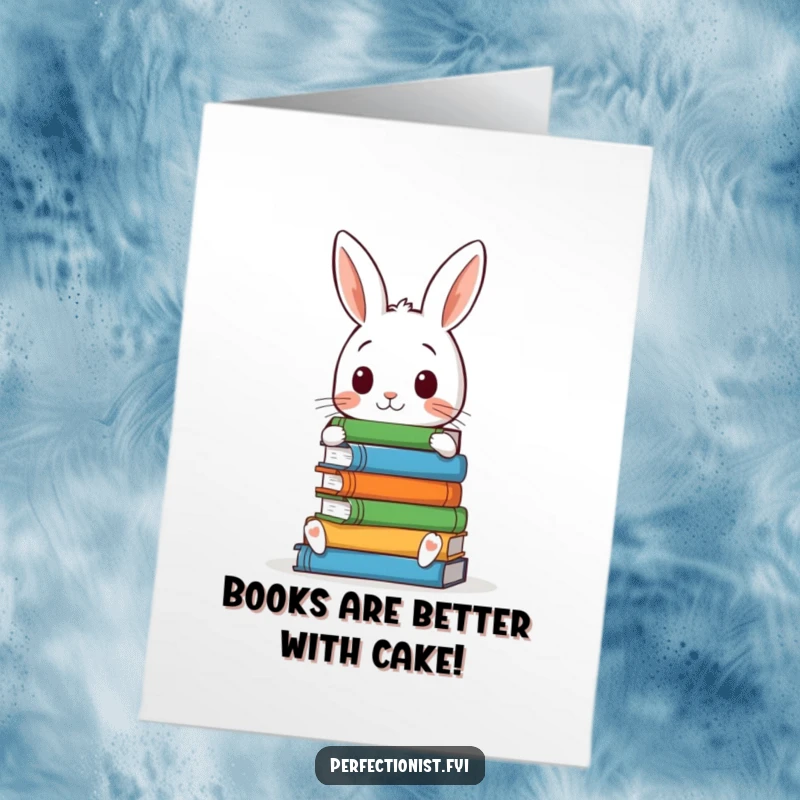 Funny Free Printable Birthday Card featuring a meticulous rabbit perfectly stacking books, ready to celebrate.