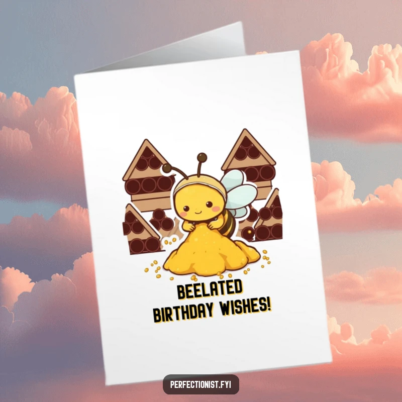 Funny Free Printable Birthday Card: Diligent Kawaii Bee meticulously stacking golden pollen, ready to organize a sweet birthday surprise.