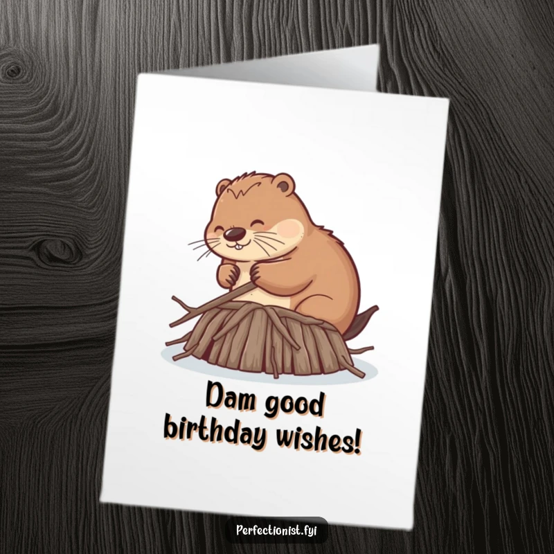 Funny Free Printable Birthday Card: Diligent beaver smoothing twigs to perfect length on its dam, celebrating a birthday.