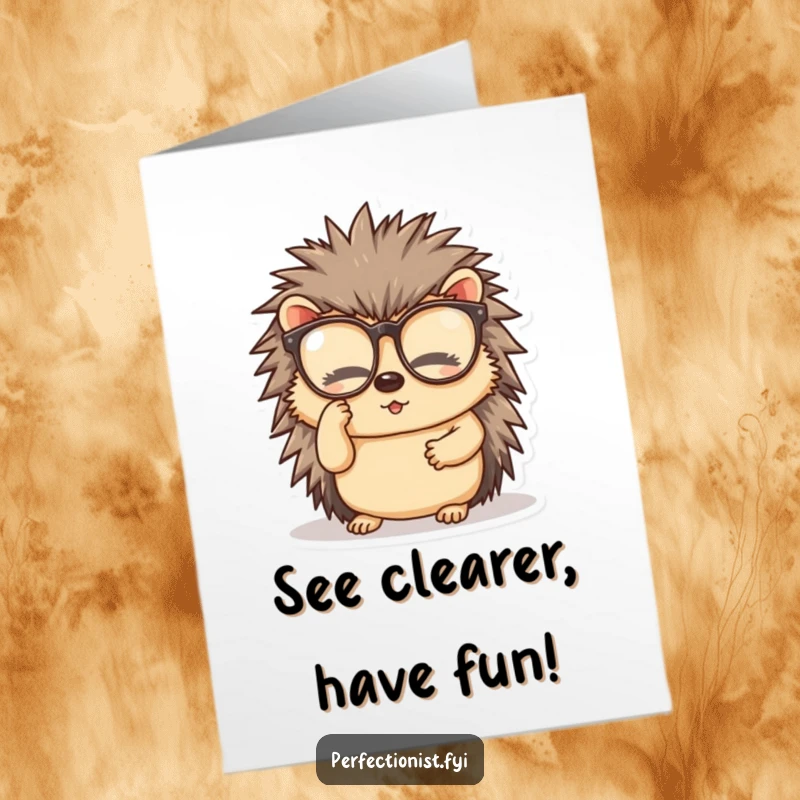 Funny Free Printable Birthday Card featuring a diligent hedgehog meticulously cleaning its spectacles for a clear view.