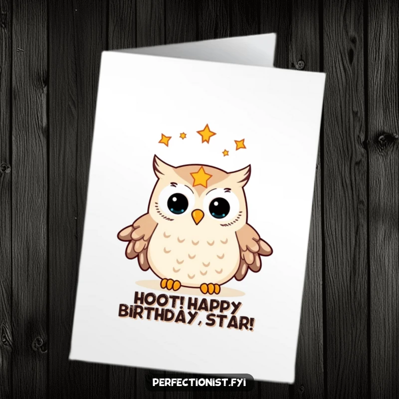 Funny Free Printable Birthday Card: Orderly owl meticulously aligning stars in its gaze, celebrating a birthday with cosmic precision.