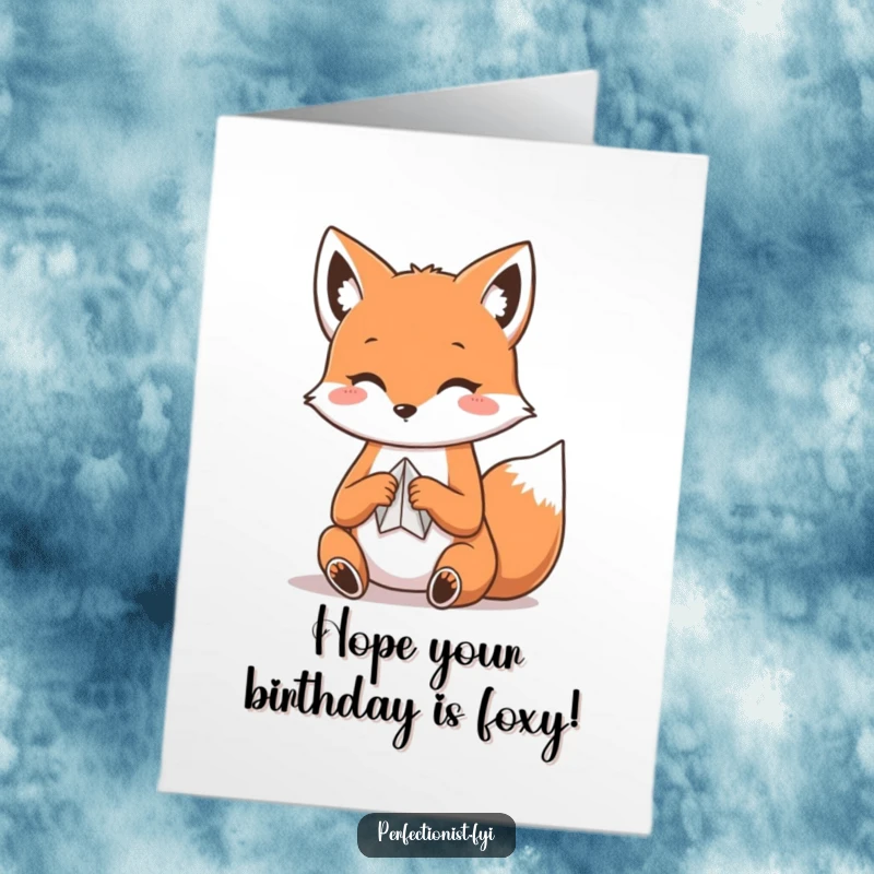 Funny Free Printable Birthday Card: Cute Kawaii Fox carefully folding a paper crane, preparing a special birthday surprise.