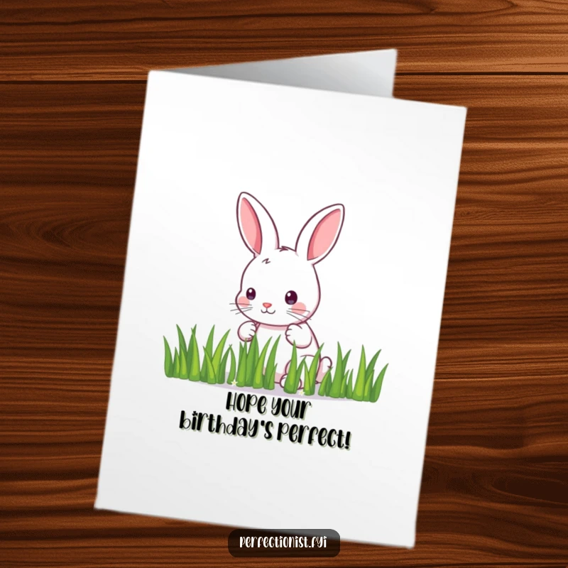 Funny Free Printable Birthday Card: A meticulous bunny carefully arranges grass blades in a straight line for a perfectly aligned birthday greeting.