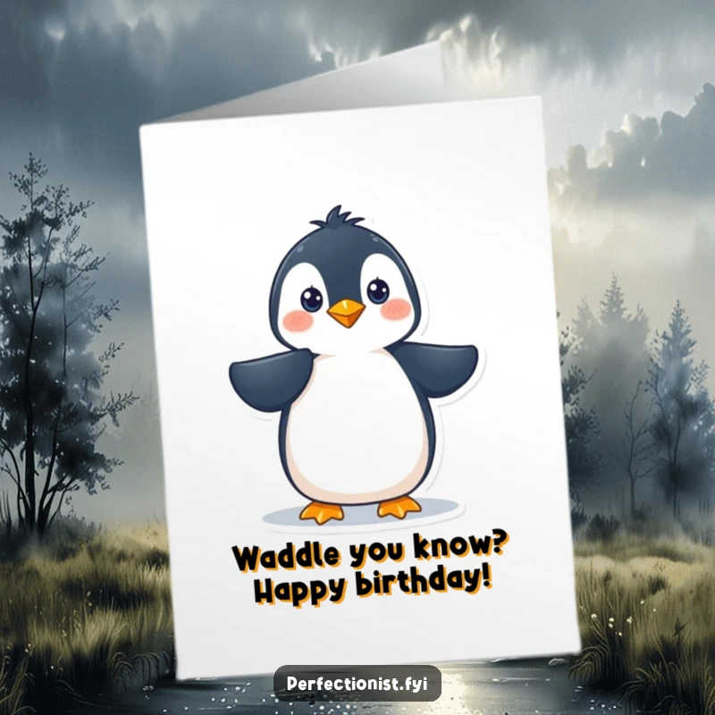 Funny Free Printable Penguin Birthday Card: A precise penguin meticulously smooths its feathers, looking very sharp and ready to party.
