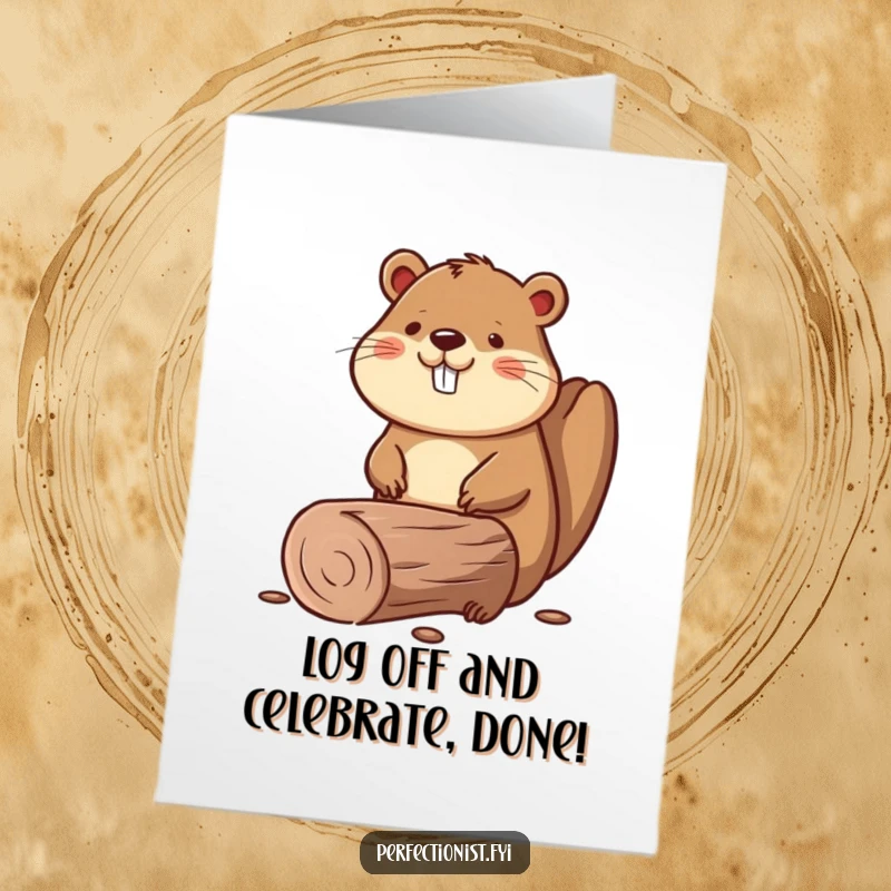 Funny Free Printable Congratulations Card featuring a beaver ensuring a log is perfectly straight, celebrating precision and achievement.