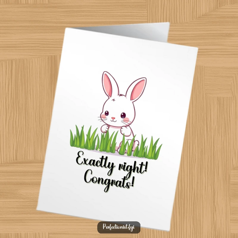 Funny Free Printable Congrats Card: A meticulous bunny carefully arranges grass blades in a straight line, symbolizing the path to achievement.
