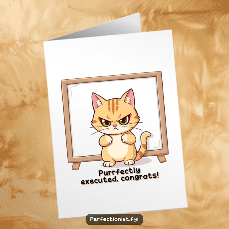 Funny Free Printable Congratulations Card showing a cat with a stern look having just straightened a crooked painting, symbolizing corrected success.