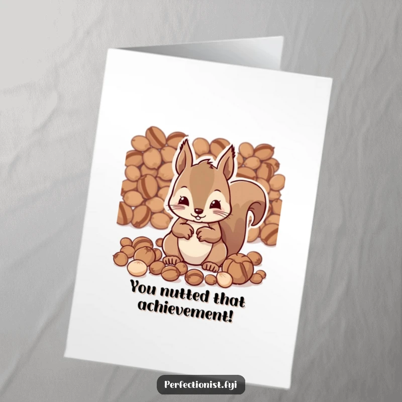 Funny Free Printable Congratulations Card: Squirrel character diligently organizing nuts by size, celebrating success with humor.