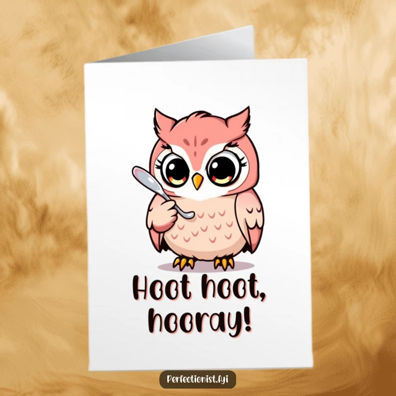 Funny Free Printable Congratulations Card with a focused owl polishing a spoon, celebrating success.
