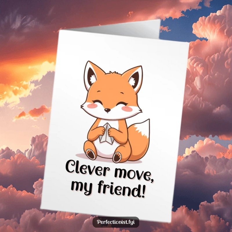 Funny Free Printable Congratulations Card: Clever Kawaii Fox meticulously folding paper, creating origami to signify a well-crafted success.
