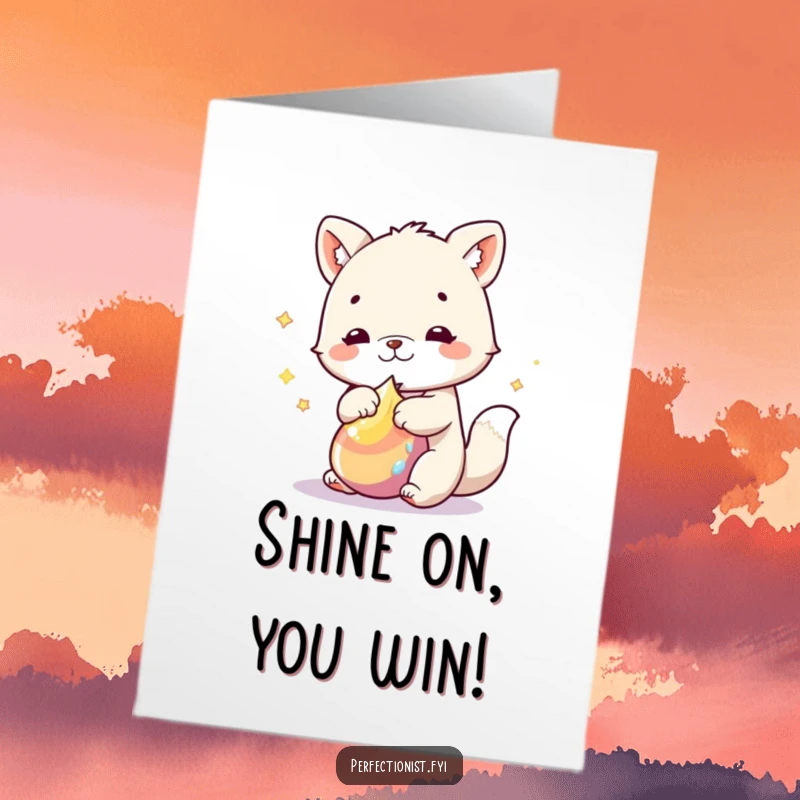 Free Printable congratulations card showing an animal character meticulously polishing an object until it gleams brightly.