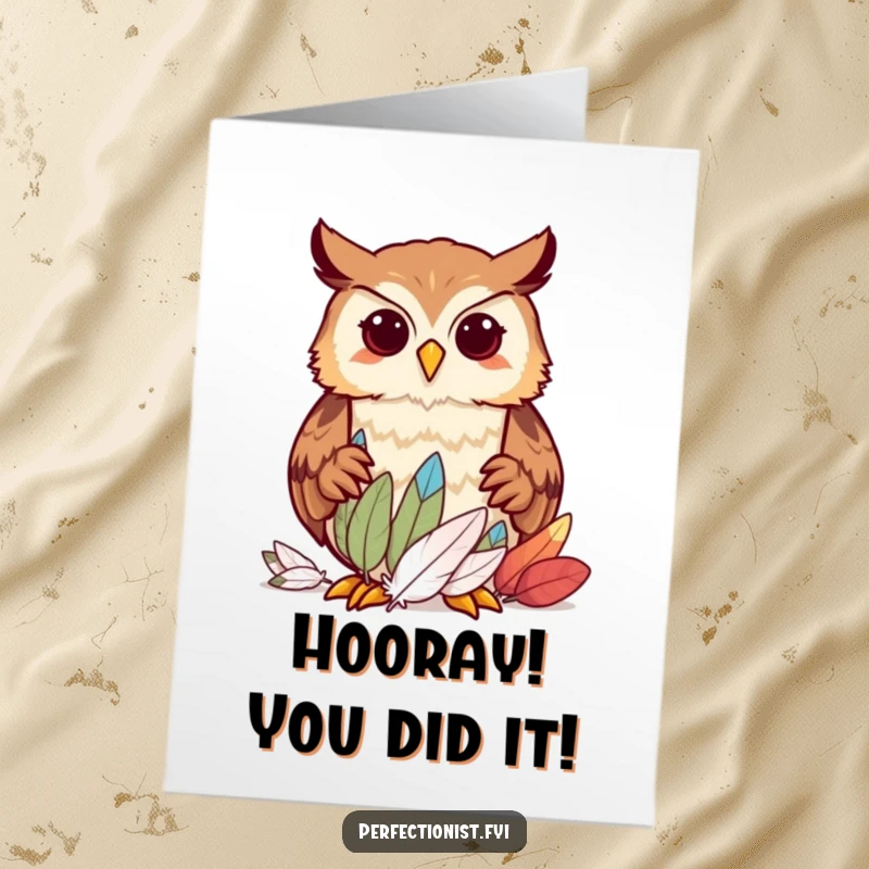 Funny Free Printable Owl Congratulations Card: An organized owl pauses feather sorting to deliver a congratulatory message.