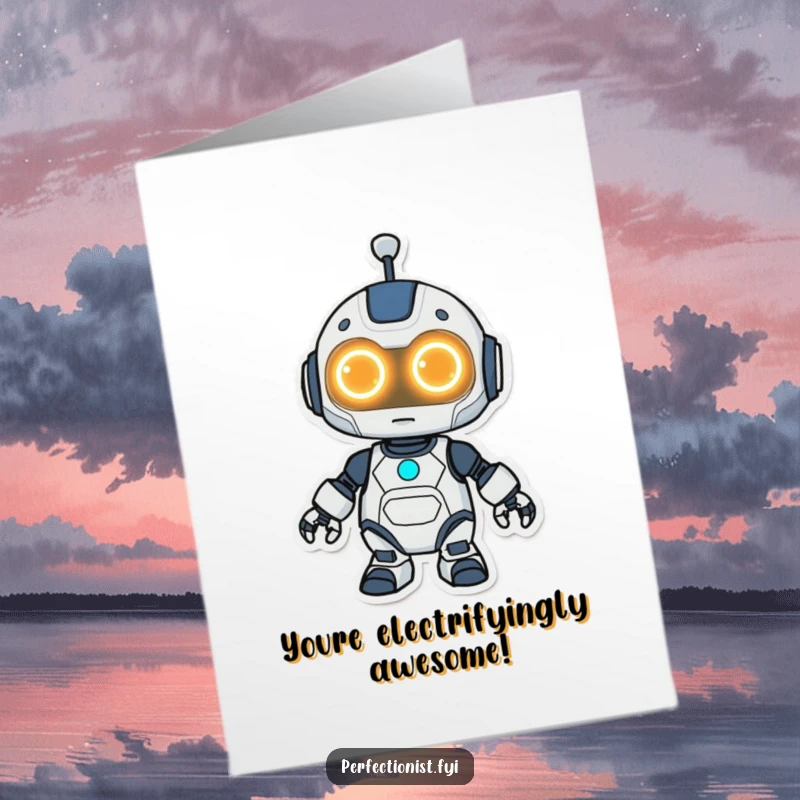 Funny Free Printable Congratulations Card: Kawaii Robot with glowing eyes, shining a surface to celebrate a perfectly executed achievement.